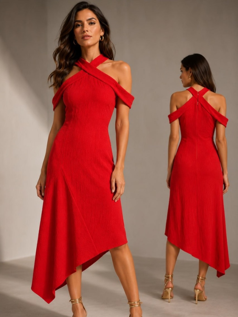 RACHEL Rachel Roy Coral Red Crinkle Textured Asymmetrical Halter Midi Dress Sz 8